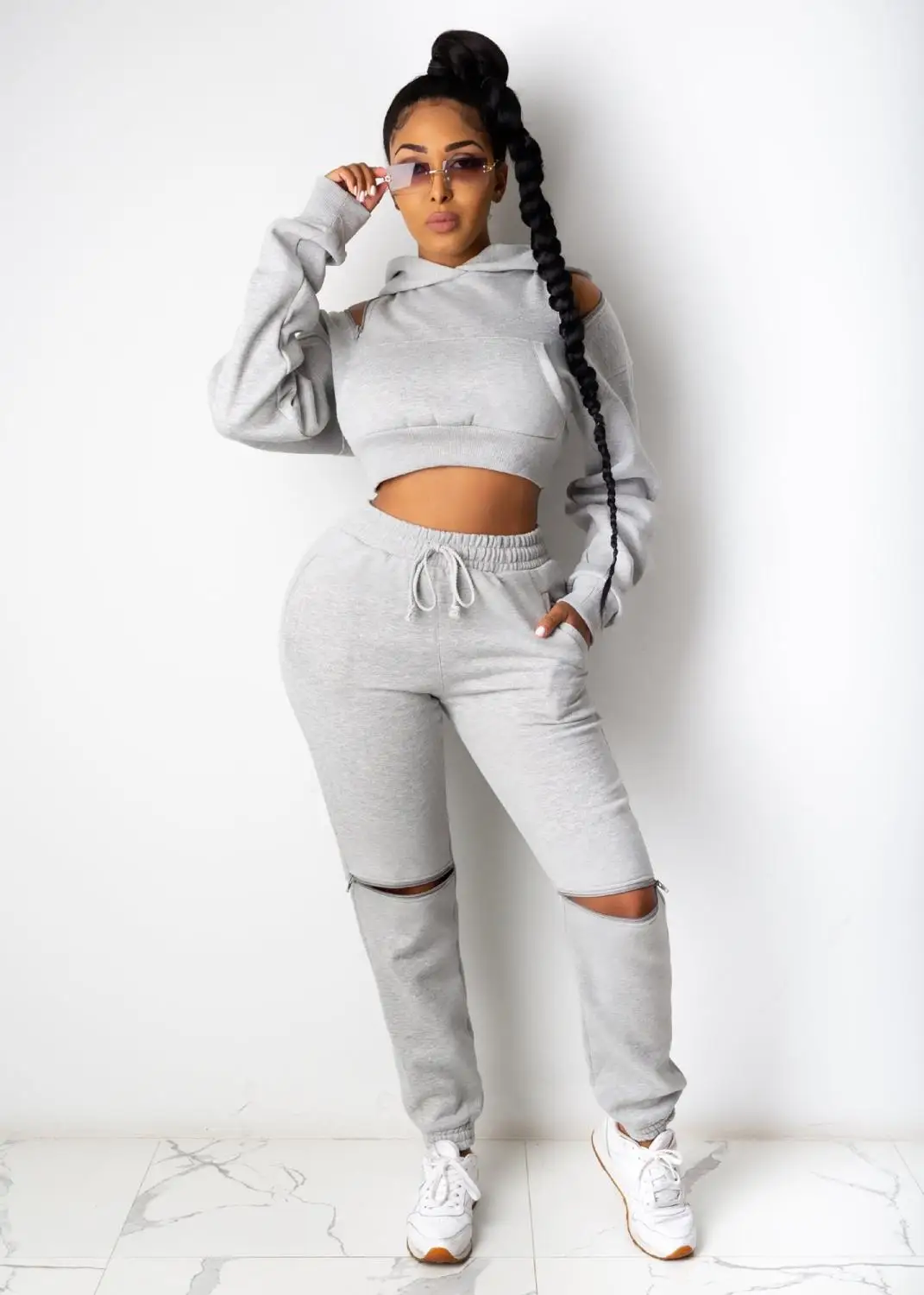 

Active Wear Sporty Jogging Suit for Women Casual Outfits Off Shoulder Long Sleeve Hooded Sweatshirt+hole Sweatpant 2 Piece Sets