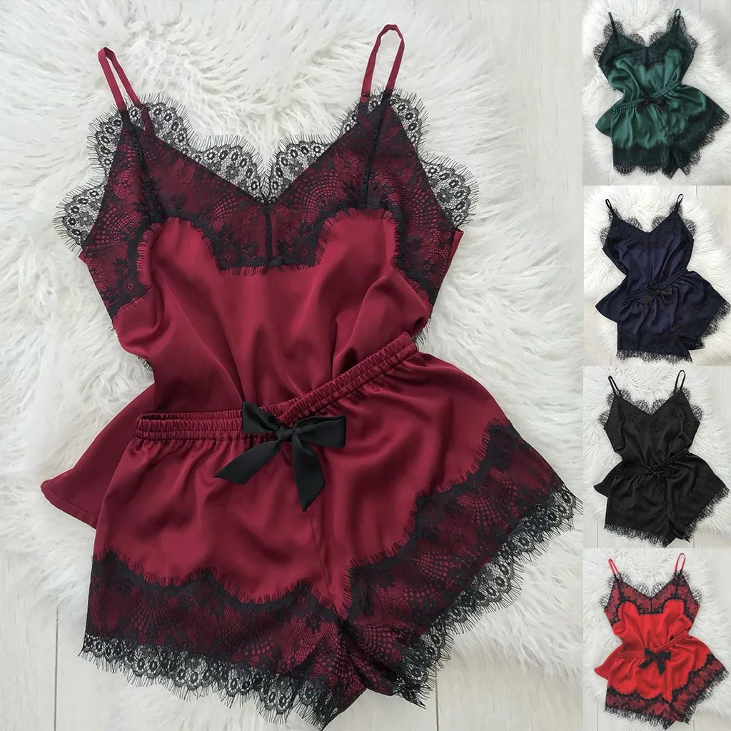 

Women's Sleepwear Sexy Satin Pajama Set Lace V-Neck Pyjamas Sleeveless Cute Cami Top and Shorts Underwear Satin Nightgown Home