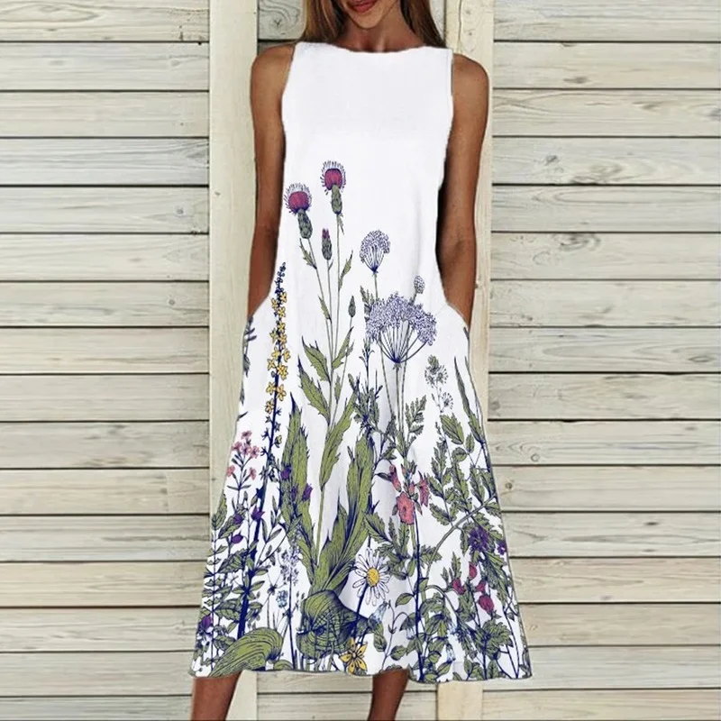 

Dress retro print sleeveless summer women's casual pocket O-neck loose dress elegant female plus size banquet dress ins fashion