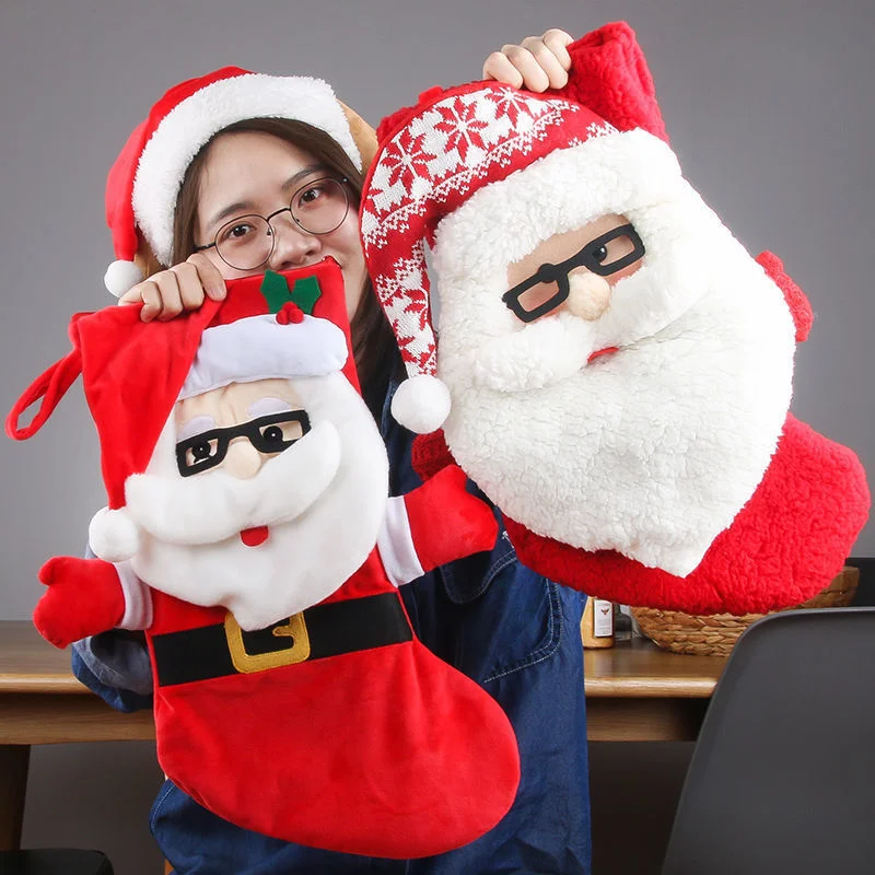 Bolsa de regalo para calcetines de Navidad, saco de Pap&aacute; Noel de lana de cordero de gran tama&ntilde;o, ciervo, bolsa de Pap&aacute; Noel, decoraciones navide&ntilde;as para el hogar de A&ntilde;o Nuevo, medias-4