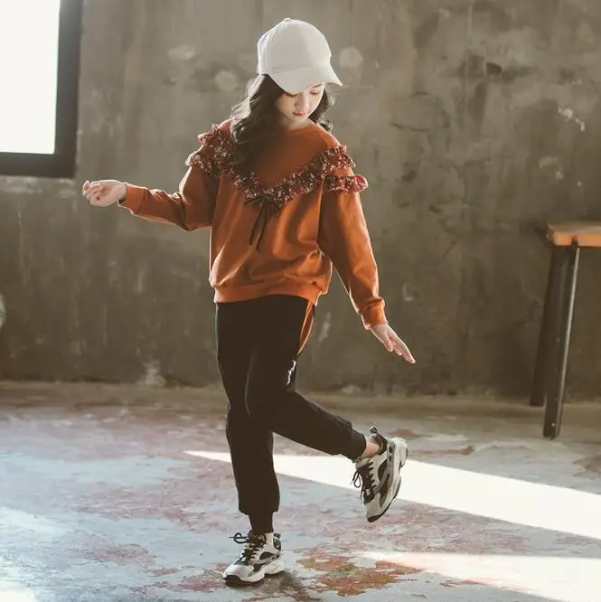 Комплекты осенней одежды для девочек топ с оборками и штаны девочек-подростков