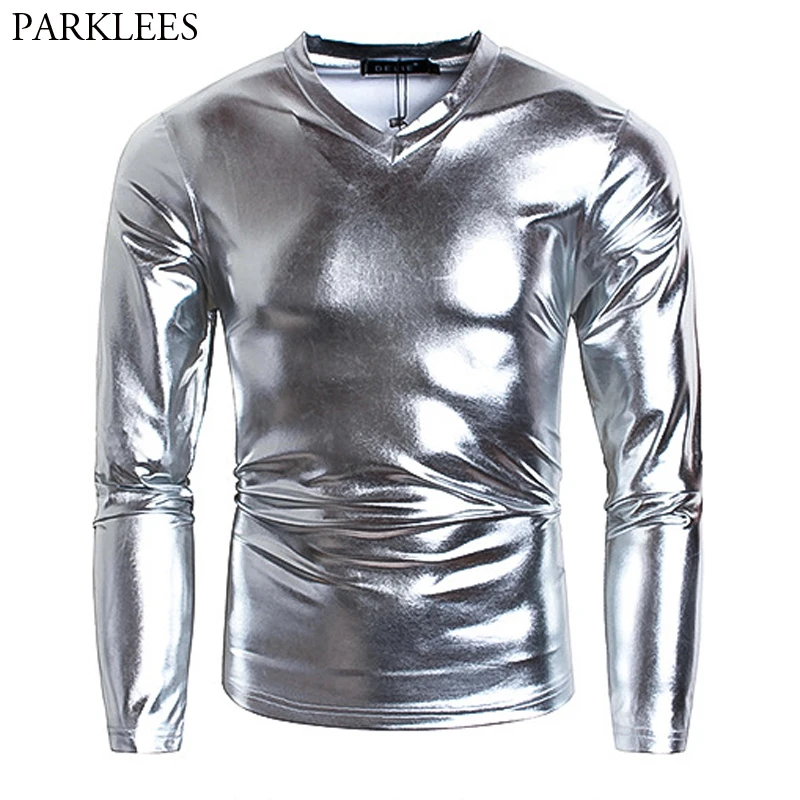 Men's V Neck Sliver Metallic Shiny T Shirt Disco Nightclub Prom Long Sleeve Tshirt Homme Hip Hop Halloween Carnival Streetwear