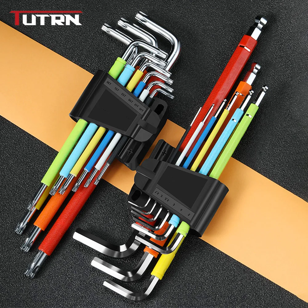 

TUTRN 9Pcs Set Hex Allen Key Multicolor Ball-End Torx Star L Wrench Set Torque Long Metric Hand Tools Bicycle Accessories