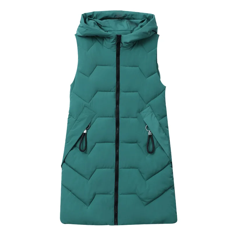 Жилет женский осенне-зимний без рукавов с капюшоном теплый Длинный жилет большие