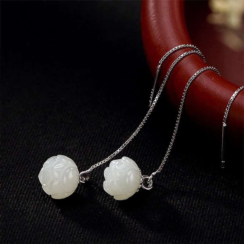 

jade earrings 925 silver wedding small women's earrings Lotus retro sterling jewelry earrings chain Gemstone searings unusual