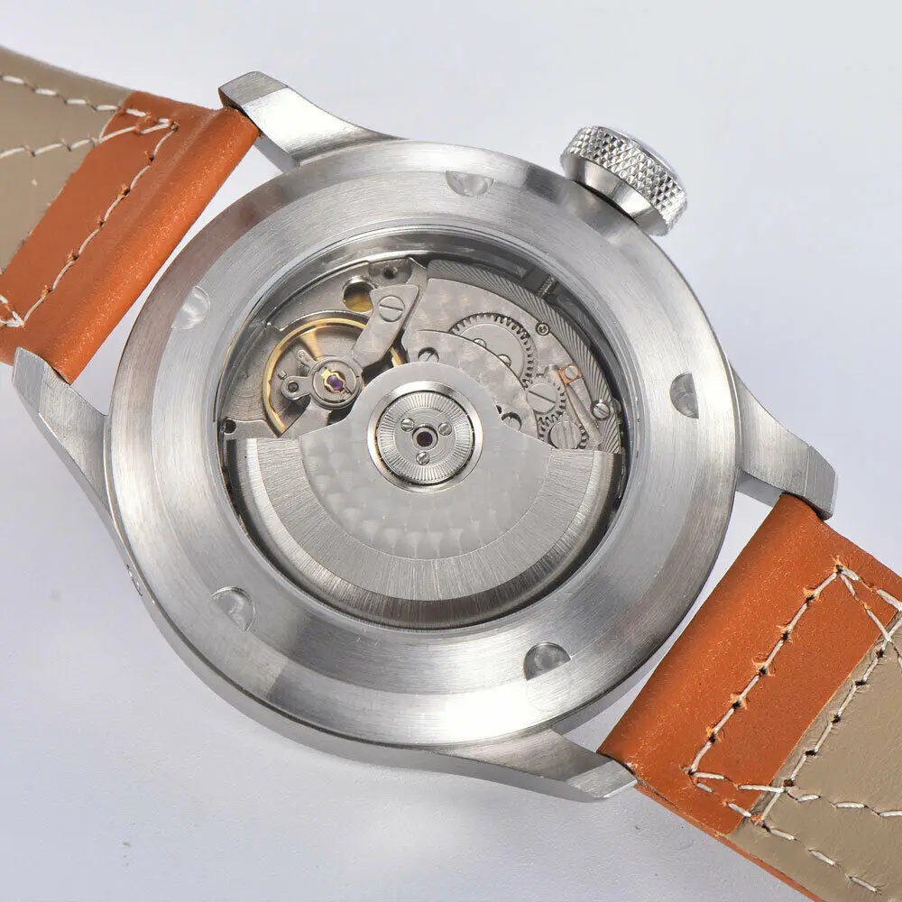 Часы мужские механические 46 мм PARNIS с серым/черным циферблатом и кожаным ремешком