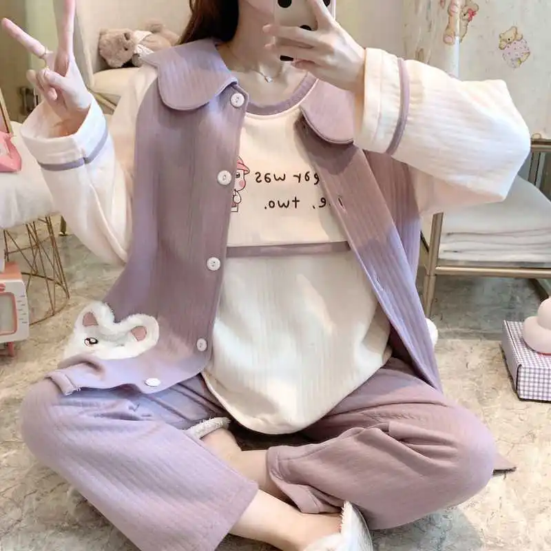

Maternity maternity pajamas spring and autumn winter jacket cotton thickening lactation three piece suit