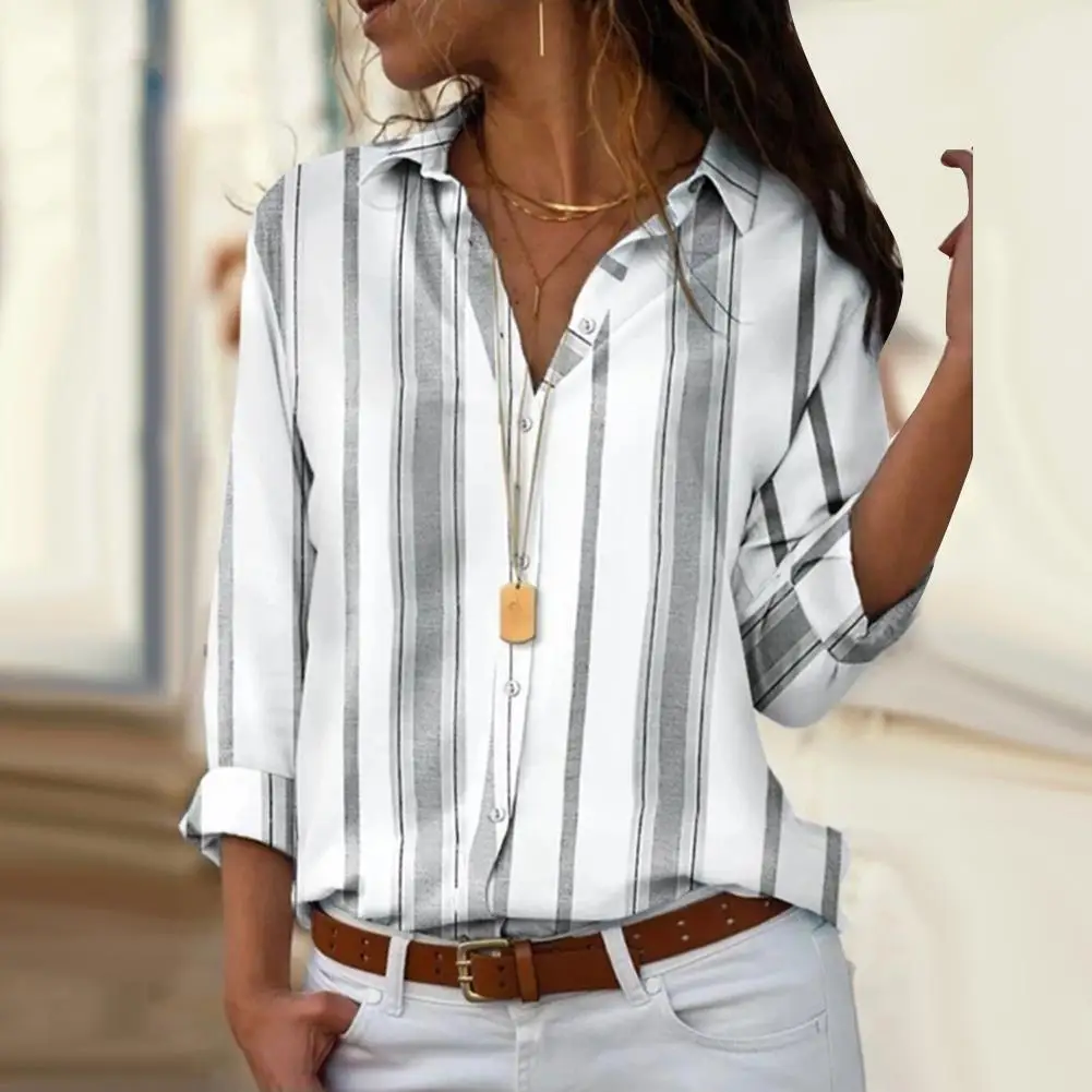 

Women Vertical Stripe Long Sleeve Turn Down Collar Buttons Down Loose Shirt Casual Shirt Fashion Office Shirt Plus Size Tops