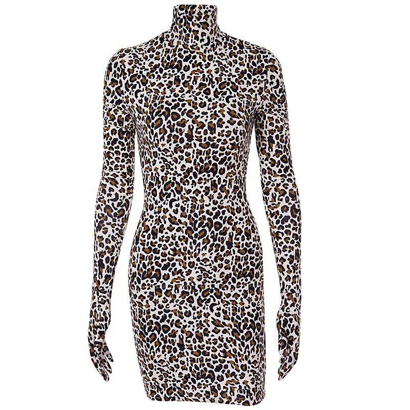 

Leopard Glove Dress with Feminine Semi High Collar and Hip Skirt