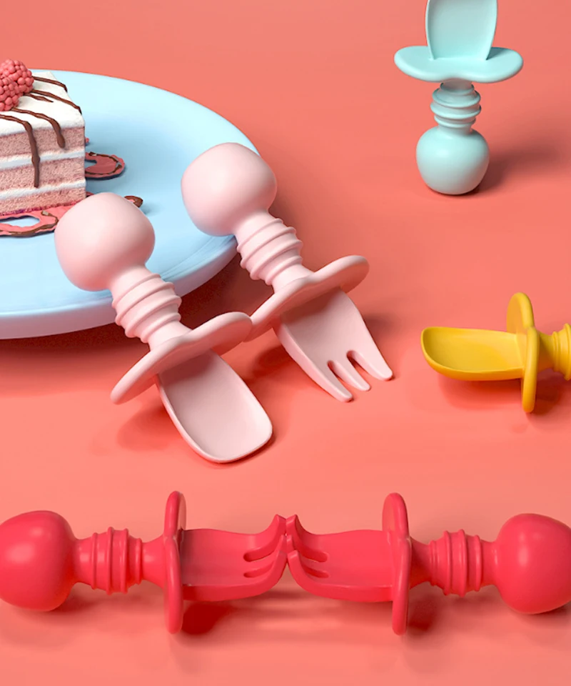 

2Pcs Baby Utensil Spoon Fork Set with Travel Safe Silicagel Baby Children Feeding Training Spoon Easy Grip Heat-Resistant