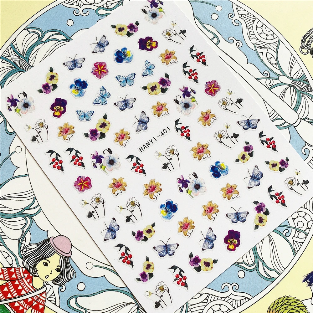 

HANYI-401 Beautiful butterflies flying in the flowers 3D Back glue Nail Art Stickers Decals Sliders Nail ornament decoration