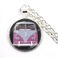 cute peace bus necklace cartoon bus vintage car photo hippie peace sign glass dome pendants long chain jewelry gift