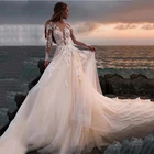 Свадебное платье в стиле кантри 2021 Иллюзия одежда с длинным рукавом с низким вырезом на спине кружевное бальное платье, свадебные платья в стиле Бохо Свадебное платье; Robe De Mariage