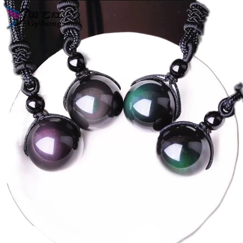 Ожерелье из натурального черного обсидиана с радужным глазом и шариком удачи