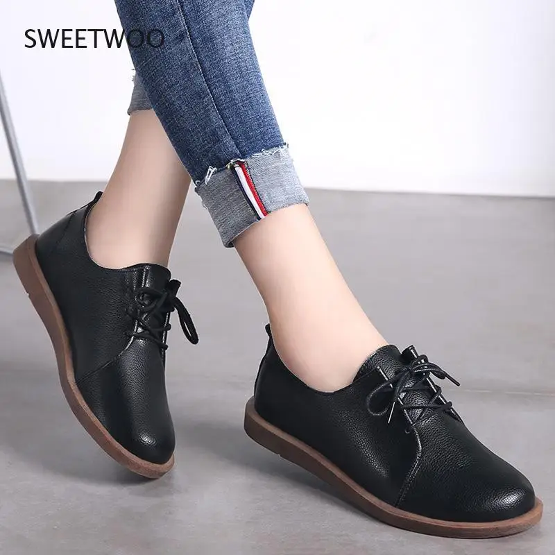Women Genuine Leather Flat Shoes Lace Up Casual Shoes Solid Color Oxfords Spring / Fall 2021