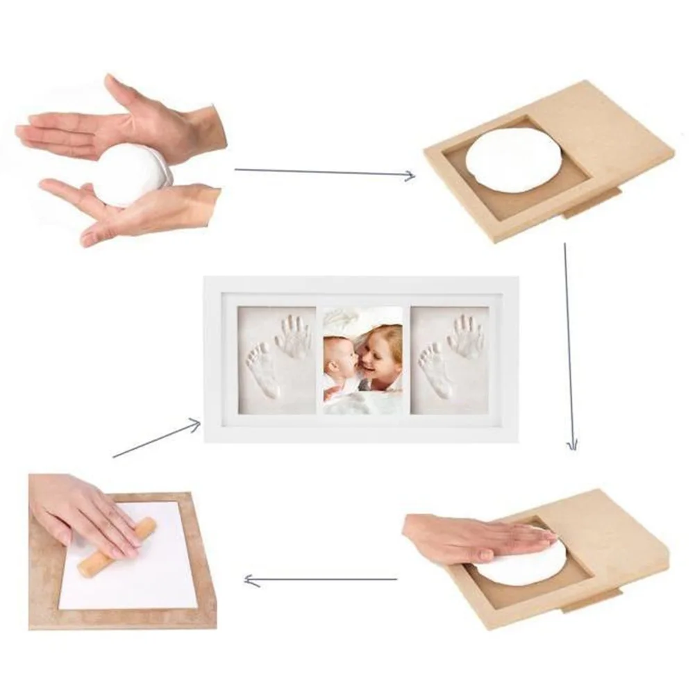 Marco de fotos con huella de beb&eacute;, Kit de regalo para crecimiento de memoria, arcilla no t&oacute;xica de madera, recuerdo de decoraci&oacute;n del hogar-1