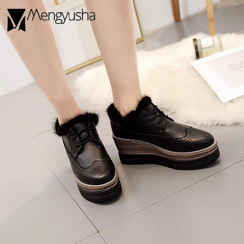 Женские ботинки на платформе обувь меху танкетке толстой резиновой подошве