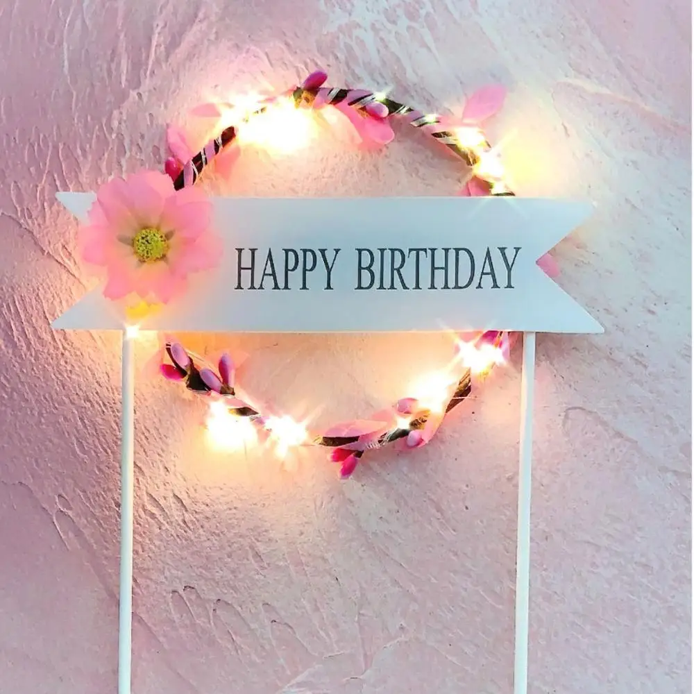 High Quality DIY LED Light Up Garland Wreath Baking Decor Cake Toppers Happy Birthday Party Decoration Surprise | Дом и сад