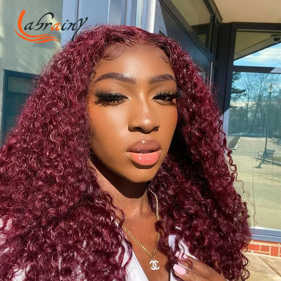 

99J Hd Transparent 13X6 Lace Frontal Kinky Curly Wig Full Burgundy Red Deep Wave Human Hair Color Wig Pre Plucked Bleached Knots