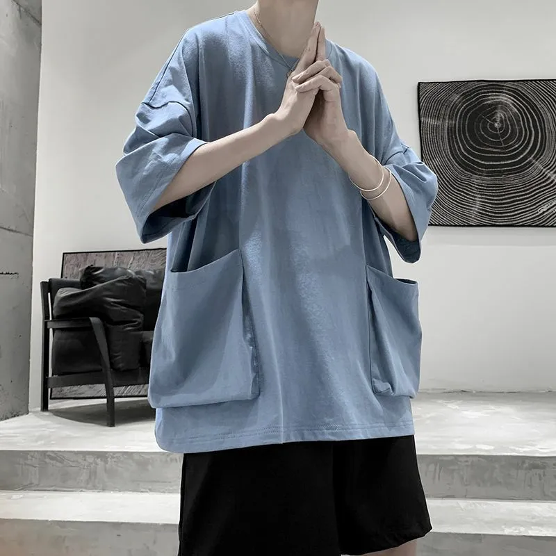 

ins summer pocket cotton short-sleeved t-shirt trend Japanese men and women loose wild five-point sleeve solid color shirt