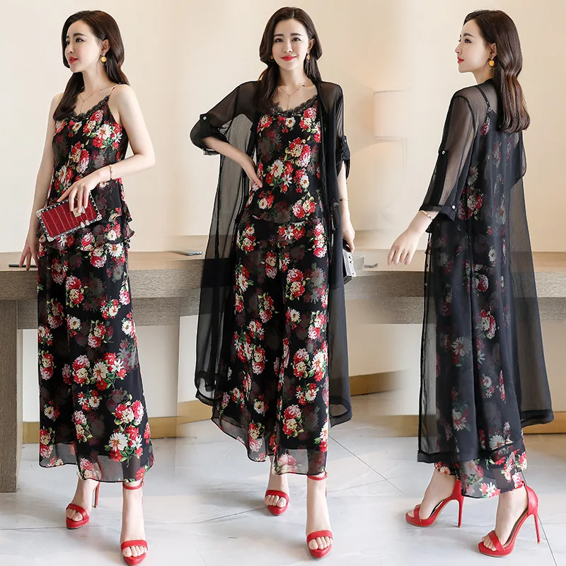 

Модные брюки с широкими штанинами, костюм для женщин, лето-осень, Брендовые женские шифоновые брюки с принтом, тройка, женские комплекты из трех предметов