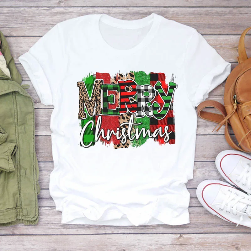 

Female Fashion Short Sleeve Tshirts Merry Christmas Colorful Letters Graphic Printed Women T-shirt Girls Harajuku Tops Tee