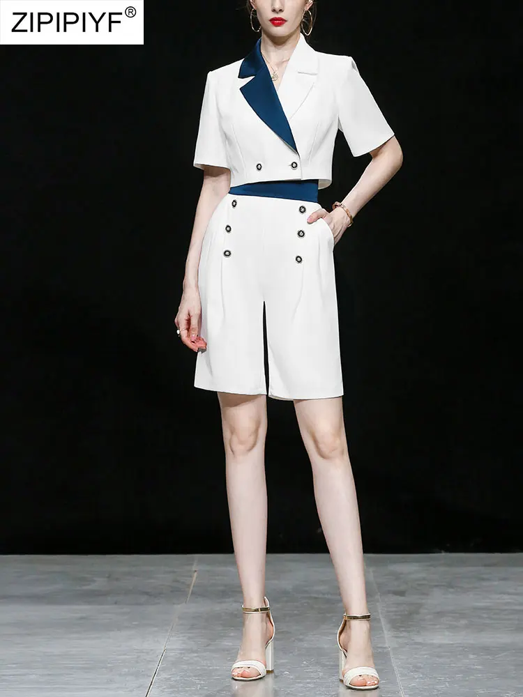

2021 Summer Runway Fashion Turn Down Necl Short Sleeve Double-Breasted Cropped Blazers Pockets Loose Zipper Up Office Suits Z438