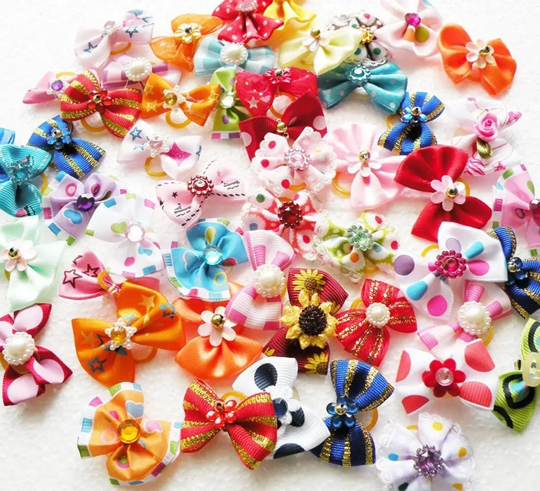 

50/100pcs Mix Color Cute Ribbon Puppy Dog Hair Bow Knot Rhinestone Pearl Pet Grooming Accessories