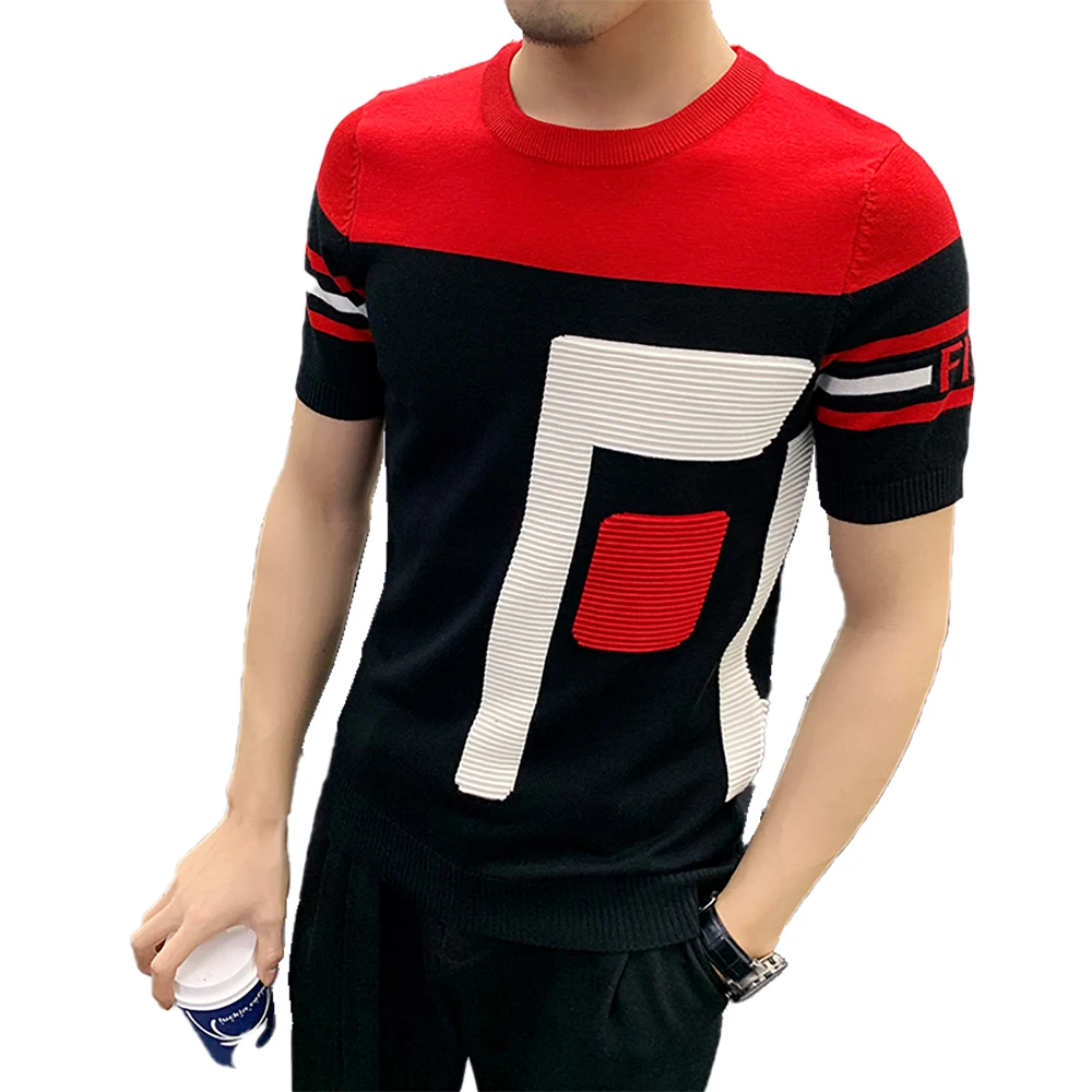 

Summer 2021 New Fashion Contrast Color Knit T-Shirt High Quality Jacquard Weave Slim Street Wear Men's Brand O-Neck T-Shirt