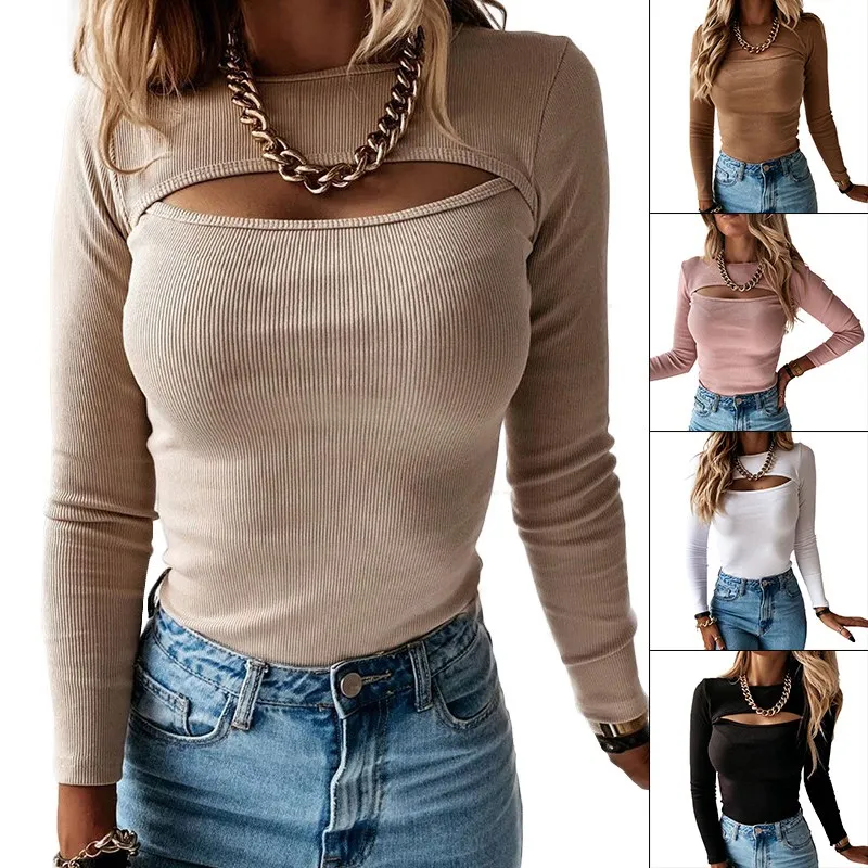 

Женская футболка с длинным рукавом, однотонная Повседневная облегающая футболка с вырезами, уличная одежда, Новинка осени 2020