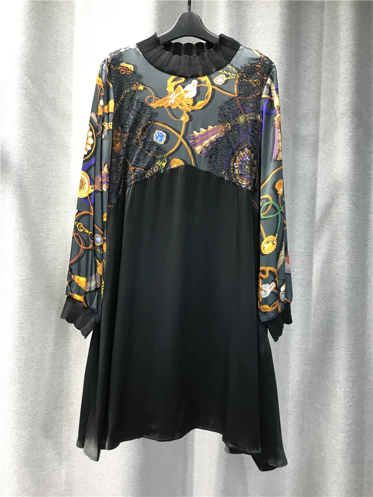 

Women Dress 2021 New Summer Products Fashion Half High Neck Long Sleeve Medium Length Splicing Pullover Skirt Lace On Chest