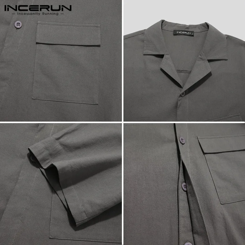 

Vintage Men Shirt Summer Solid Color Streetwear Lapel Short Sleeve Tops Pockets Camisas Cotton Casual Men Clothing S-5XL INCERUN