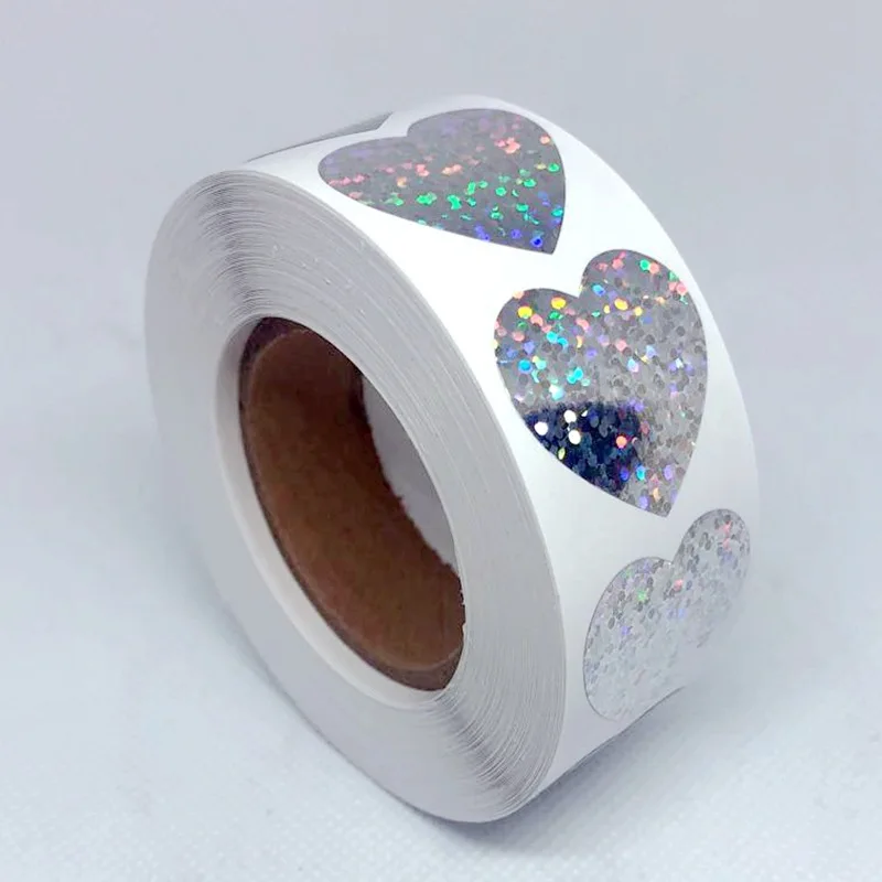 

500PCS Laser Heart Label Stickers 1'' Round Paper Adhesive Scrapbooking Party Handmade Seals For Card Envelope Business Package