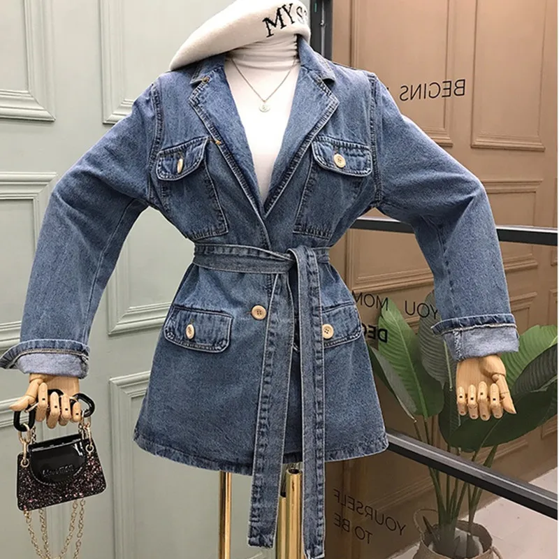Весна Осень 2020 новая джинсовая куртка женская мода средняя длина Корейская Талия