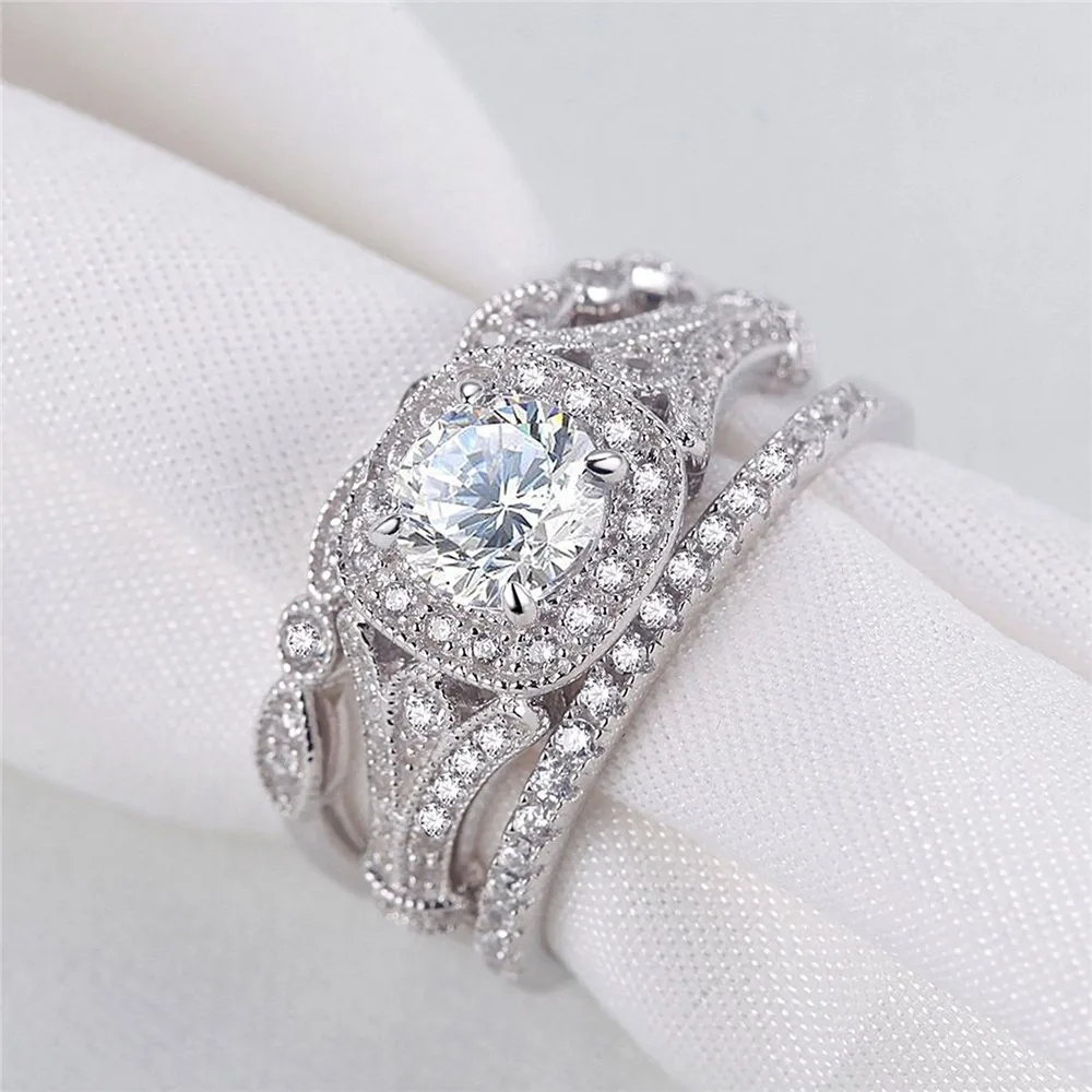 Luxury zircon diamonds stackable layered Rings sets for women wedding ring white gold silver color jewelry bijoux band | Украшения и