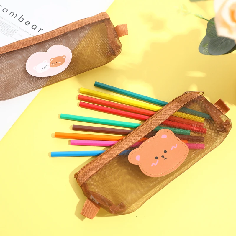 

Mesh Pencil Case Cute Bear Brown Pouch Stationery Pencil Bag Storage Bag Transparent Kawaii Stationery Bag