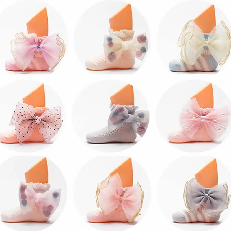Летние нескользящие носки для новорожденных тонкие хлопковые сетчатые с бантом
