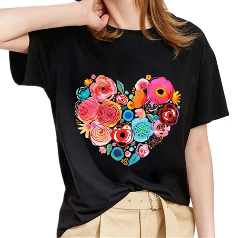 Женские Летние черные футболки с принтом роз женская футболка рисунком