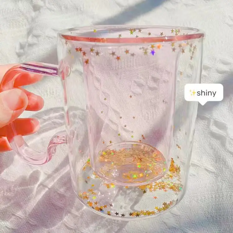 

Korean ins Girl Heart Kawaii Bubble Star Sky Cup Star Sequin Double Wall Glass Coffee Cup Handle Heat Resistant Milk Cup