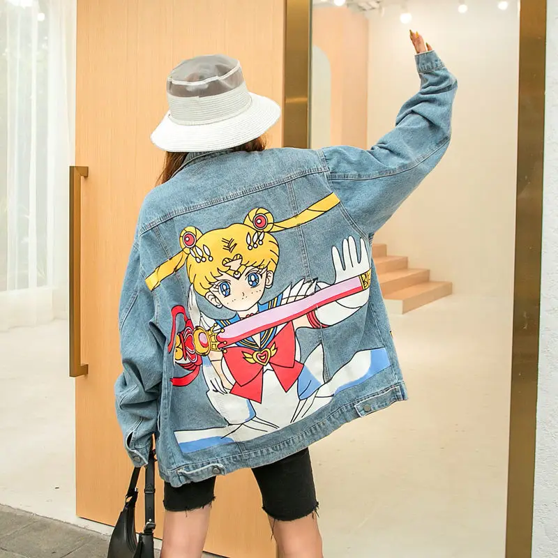 

Print Denim Jacket Women Street Style Spring Autumn Jeans Outwear Casual Loose Cowboy Coats 2021 Fashion Trend