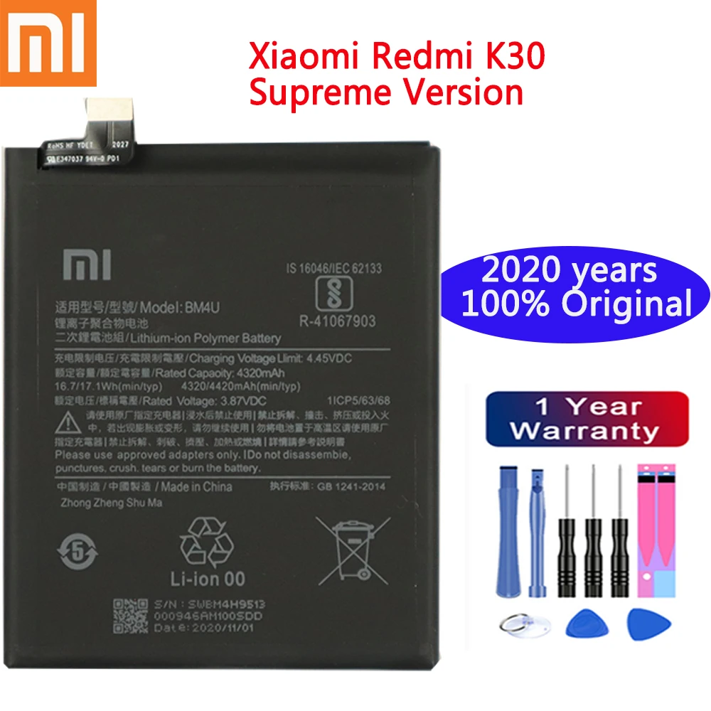 

100% Xiao mi Original 4320mAh BM4U Mobile Phone Battery for Xiaomi Redmi K30 Supreme Version BM4U Smart Phone Battery Free Tools