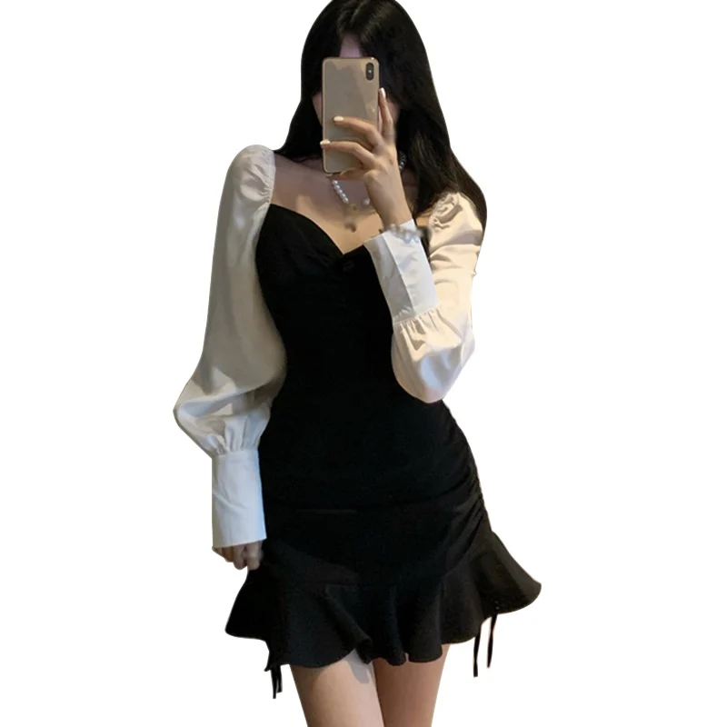 

Autumn Spring Women Sexy Irregular Collar Tight-fitting Dress Long-sleeved Side Rope Design Versatile Stitching Dresses