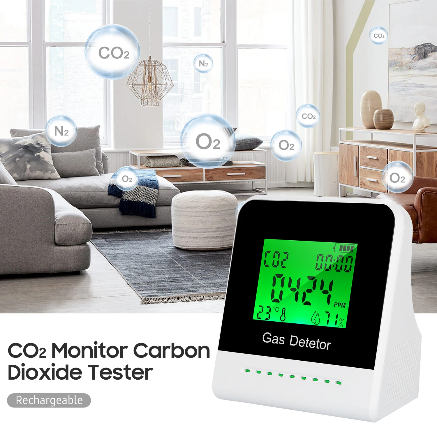 

KKmoon CO2 Meter Carbon Dioxide Tester 2-inch LCD Screen Multifunctional Air Quality Monitor USB Rechargeable CO2 Detector