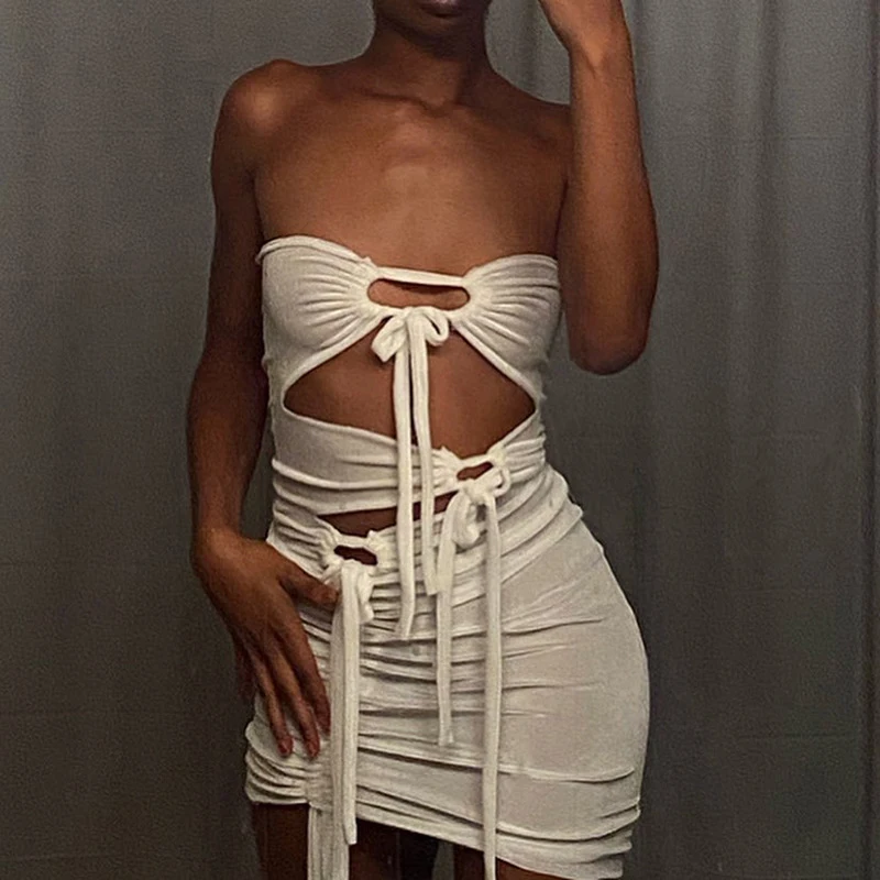 

NOVAINSPO Cut Out Ties Crossed Velvet Mini Dresses Strapless White Baddie Fashion Club Outfit For Women Skinny Party Mini Dress