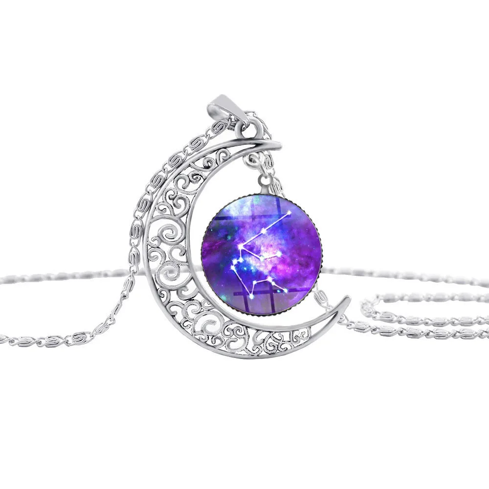 

12 Constellation Aquarius sign Star Sky Universe Planet Crescent Necklace Time hollow Half Moon Planet Zodiac Necklace jewelry