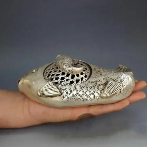 

China silver handwork carved fine two fish censer carp incense burner Statue
