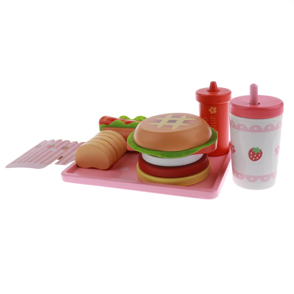 

6 Pieces Wooden Kitchen Toys Hamburger Hot Dog Pretend Play Toy for Kids