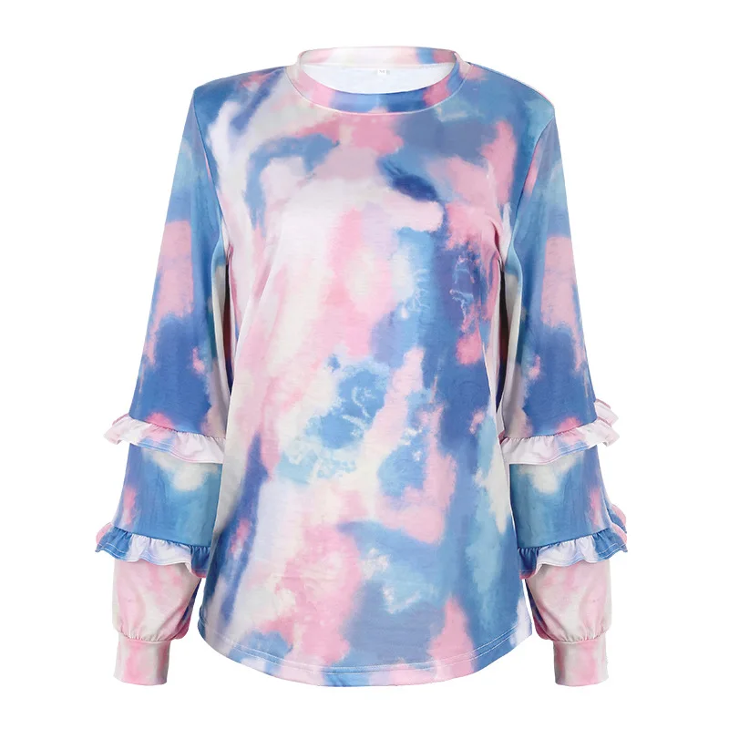 

2021 European And American Tie Dye Printing Long Sleeve Stitching Ruffle Round Neck Casual Women's Top