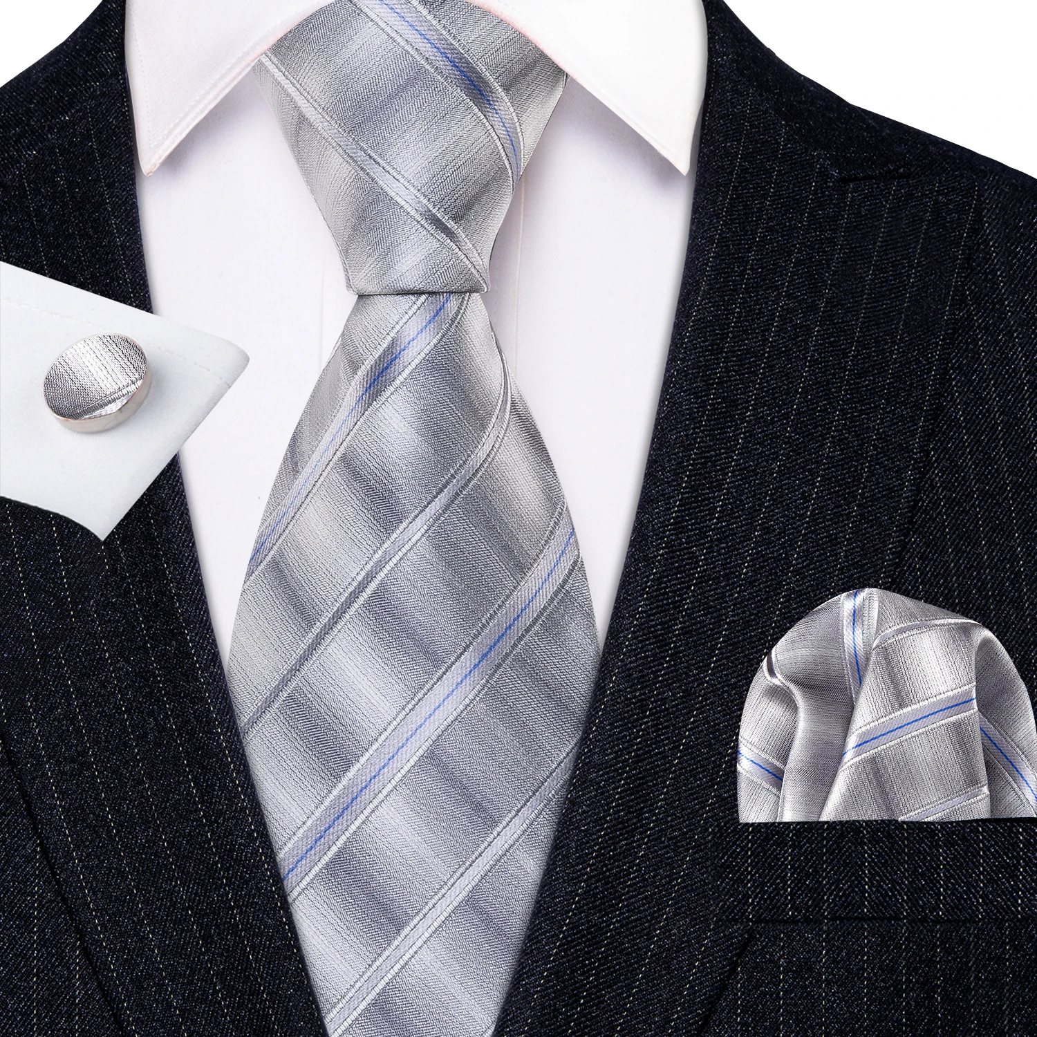 

Новые дизайнерские мужские галстуки, серые клетчатые Галстуки, серебристые 100% шелковые жаккардовые вечерние бизнес-Галстуки, запонки для м...