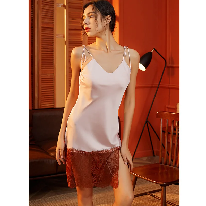 Женская ночная рубашка на бретельках летнее платье тонкая атласная пижама с